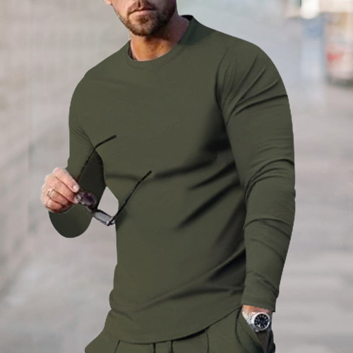 Camiseta verde militar para hombre, versátil, informal, ajustada, de color sólido