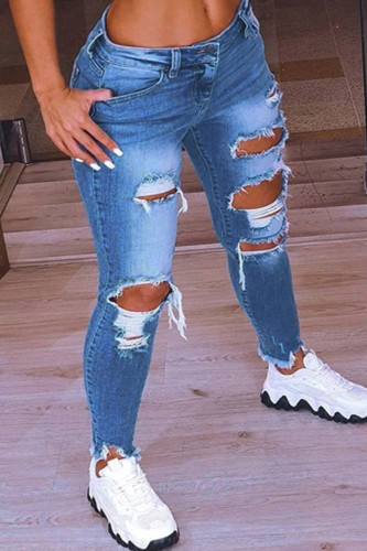 Mörkblå Casual Solid Ripped Plus Size Jeans