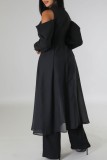 ブラック カジュアル ソリッド くり抜き パッチワーク ターンダウンカラー 長袖 ドレス