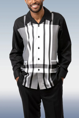 Black White Walking Suit Leisure Men Black Pattern Long Sleeve