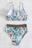 Green Sexy Print Patchwork Backless Swimwears (With Paddings)