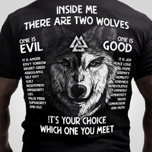 Black Viking Inside Me There Are Two Wolves Mens Letter Print Gym Tee