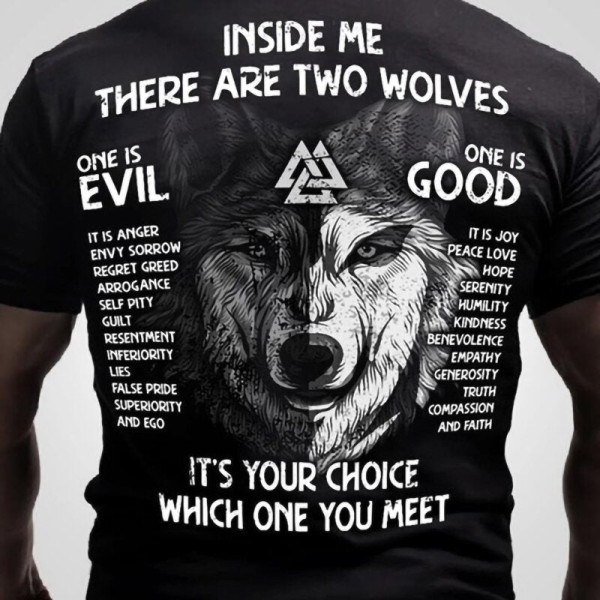 Camiseta de ginástica preta Viking Inside Me There Are Two Wolves masculina com estampa de letra