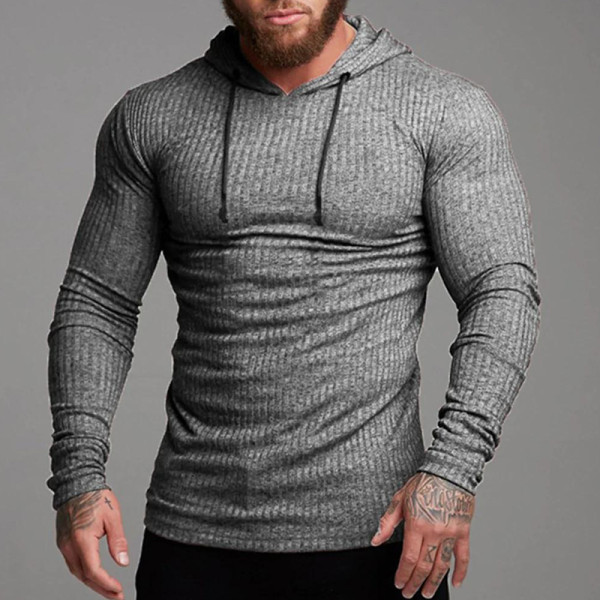 Серый полосатый облегающий повседневный вязаный свитер для фитнеса и спорта
