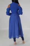 Blauw casual effen uitgehold patchwork jurken met kraag en lange mouwen