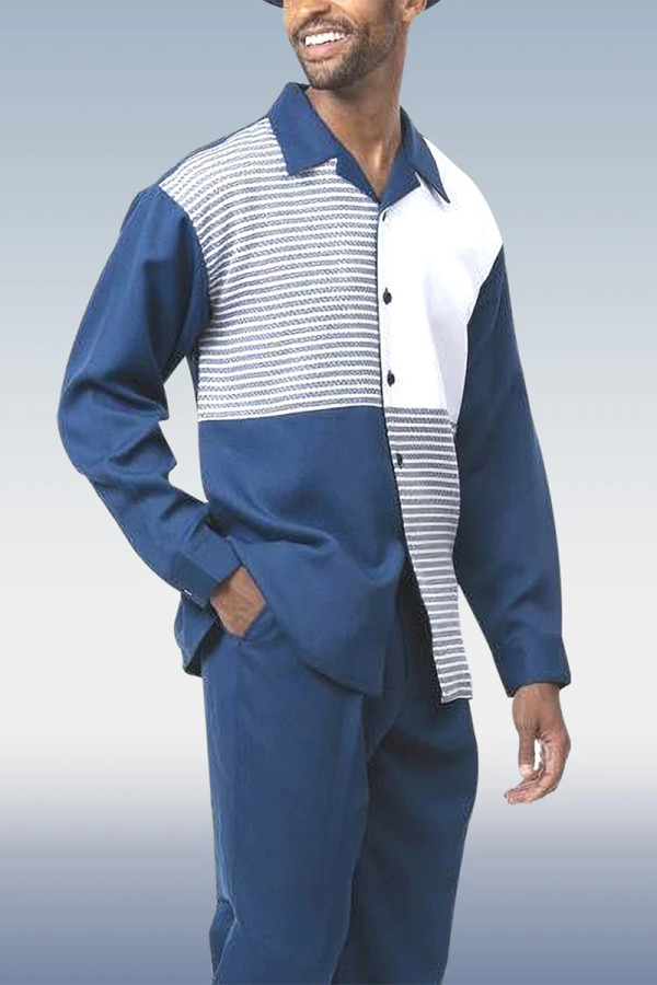 Terno de caminhada masculino branco azul fashion casual manga longa 020