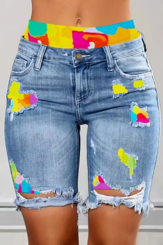 Short en jean skinny taille moyenne asymétrique imprimé patchwork déchiré bleu