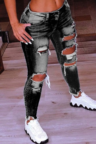 Black Casual Solid Ripped Plus Size Jeans