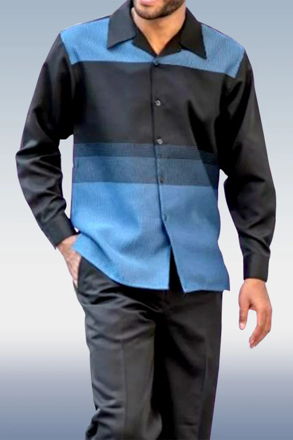 Conjunto de duas peças de calça de manga comprida azul preto bloco colorido