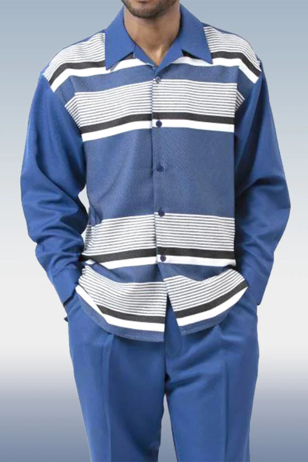 Blue Long Sleeve Trousers Stripes Two Piece Walking Suit