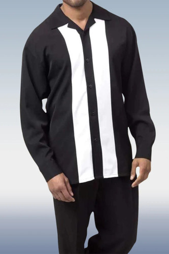 Black And White Men's Casual Striped Long Sleeve Walking Suit 026