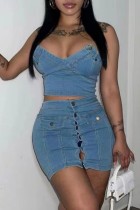 Blue Sexy Solid Backless Strapless Sleeveless Two Pieces