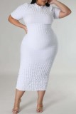 ホワイトカジュアルソリッドベーシックハーフタートルネック半袖ドレスプラスサイズドレス