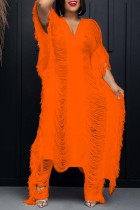 Orange Casual Solid Hollowed Out V Neck Two Pieces Knitted Fringe Crochet Tassel Sleeveless Top Wide Leg Matching Sets Women