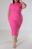 Розово-красное повседневное однотонное базовое платье с короткими рукавами и высоким воротником Платья больших размеров
