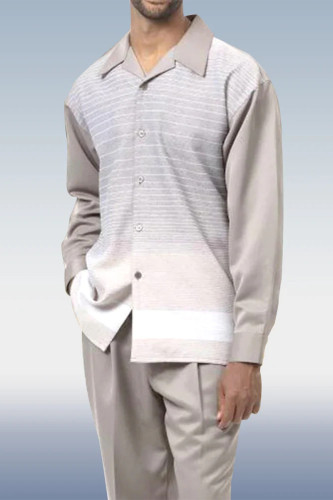 White Grey Long Sleeve Trousers Grey Stripes Two Piece Walking Suit
