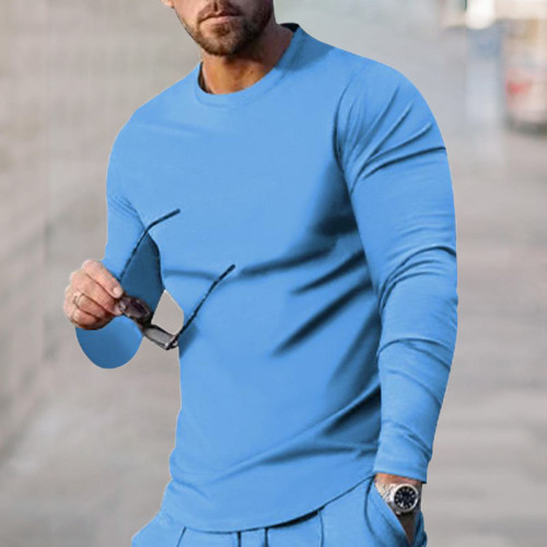 Голубая мужская универсальная повседневная облегающая однотонная футболка