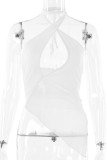 White Sexy Solid Hollowed Out Backless Asymmetrical Halter Tops
