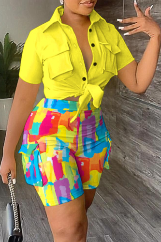 Yellow Street Print Patchwork Turndown Collar Short Sleeve Two Pieces