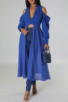 ブルー カジュアル ソリッド くり抜き パッチワーク ターンダウンカラー 長袖 ドレス