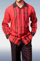 赤茶色の長袖ズボン、赤チェックのツーピース ウォーキング セット