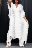 Green Casual Solid Hollowed Out V Neck Two Pieces Knitted Fringe Crochet Tassel Sleeveless Top Wide Leg Matching Sets Women