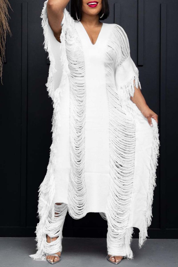 White Casual Solid Hollowed Out V Neck Two Pieces Knitted Fringe Crochet Tassel Sleeveless Top Wide Leg Matching Sets Women