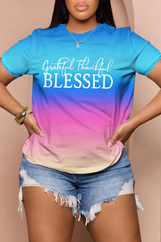Light Blue Casual Gradual Change Print Basic O Neck T-Shirts