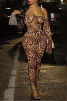 Estampado de leopardo Fiesta callejera sexy Estampado animal Estampado patchwork Sin espalda Sin tirantes Monos ajustados