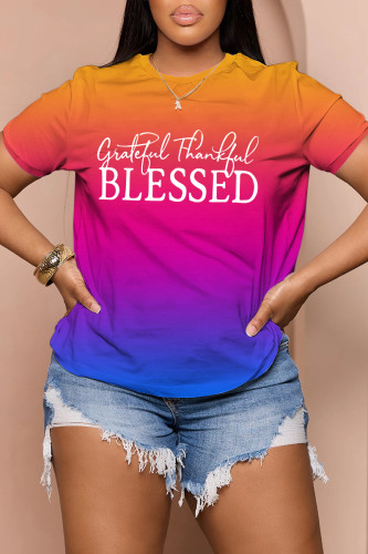 Tangerine Red Casual Gradual Change Print Basic O Neck T-Shirts