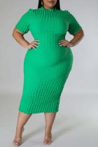 Grünes, lässiges, solides Basic-Kleid mit halbem Rollkragen und kurzen Ärmeln in Übergröße