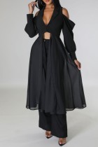 Black Casual Solid Hollowed Out Patchwork Turndown Collar Long Sleeve Dresses