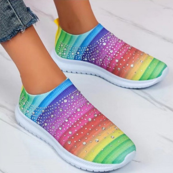 Sapatos casuais coloridos com patchwork de strass redondos e confortáveis ​​para sair