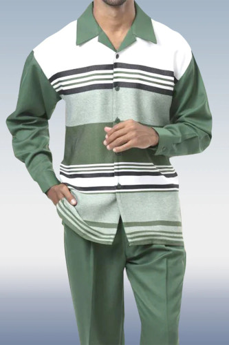 Light Green Long Sleeve Trousers Green Stripes Two-Piece Walking Set