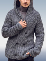 Серый мужской двубортный вязаный свитер с капюшоном и длинными рукавами