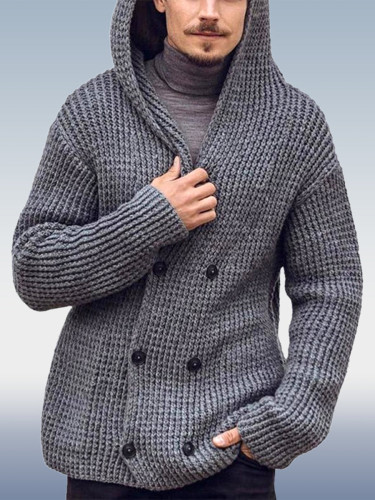 Suéter de malha com capuz masculino cinza de manga comprida e abotoamento duplo