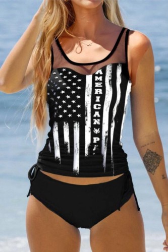 Black Sexy Print Patchwork See-through Backless Swimwears (With Paddings)