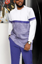 Бело-фиолетовый мужской повседневный прогулочный костюм с цветными блоками и длинными рукавами-024