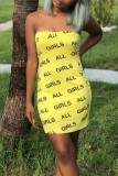 Vestidos casuais amarelos sexy com estampa de letras sem costas sem alças sem mangas