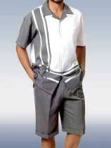 Conjunto de terninho de caminhada cinza manga curta com estampa de duas peças e shorts