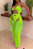 Fluorescerende groene sexy effen uitgeholde doorzichtige badkleding zonder rug