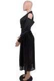 Black Casual Solid Hollowed Out Patchwork Turndown Collar Long Sleeve Dresses