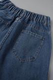 Jeans jeans cintura alta azul escuro sólido rasgado com patchwork antigo