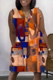 Кофейное повседневное платье с принтом Базовое платье без рукавов с V-образным вырезом Платья