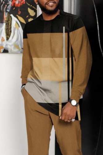 Khaki Men's Casual Color Blocking Long Sleeve Walking Suit-001