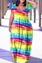 Yellow Casual Rainbow Print Basic V Neck Short Sleeve Loose Maxi Dresses