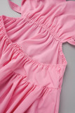 ピンクの甘い固体包帯パッチワーク バックレス折り目 V ネック A ライン ドレス