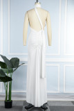 Weiße, sexy, solide Patchwork-Kleider mit rückenfreiem, schrägem Kragen und langem Kleid