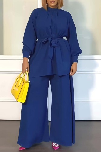 Blue Casual Solid Basic Half A Turtleneck Long Sleeve Two Pieces