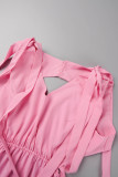 Roze zoete effen bandage patchwork rugloze vouw V-hals A-lijn jurken